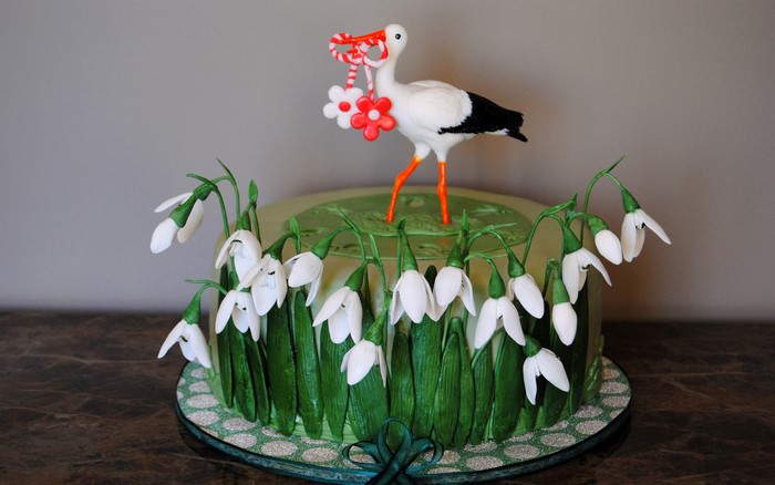 Cake with Stork and Snowdrops