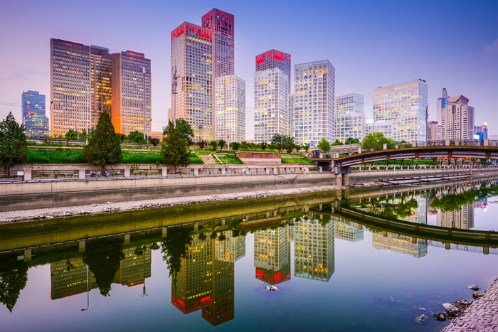 Beijing China Skyline with River and Bridge