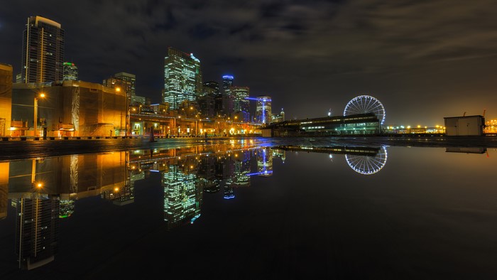Seattle Skyline and Ferris Wheel at Night with Reflections