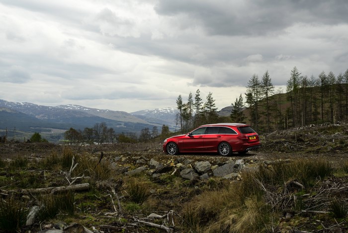 Red Mercedes-Benz AMG C 63 Estate in Scottish Highlands