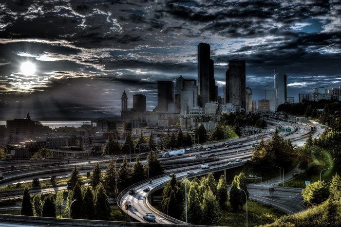 Seattle Skyline with Highway and Dramatic Clouds