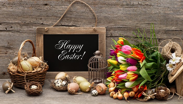Easter Tulips and Eggs on Wooden Background