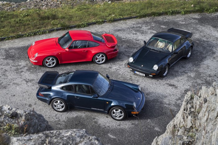 Three Porsche 911s from above