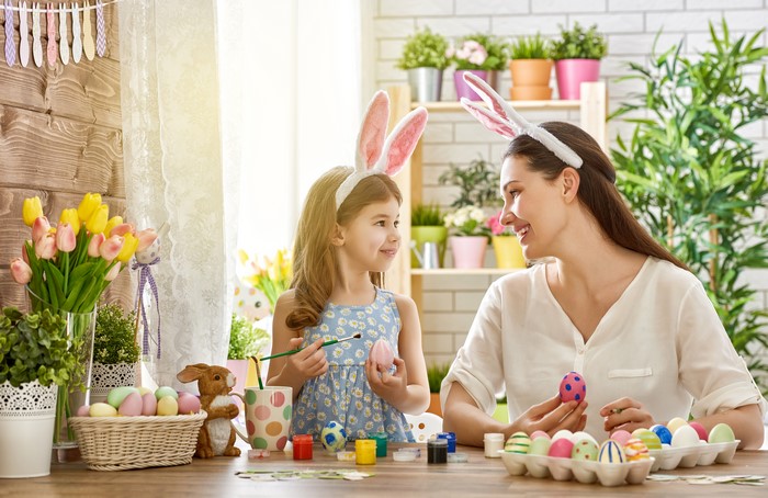 Mother and Daughter Decorating Easter Eggs