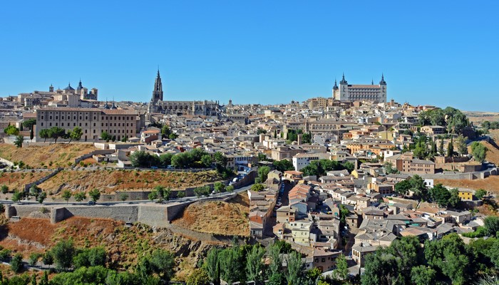 Toledo, Spain cityscape with historic buildings and cathedral