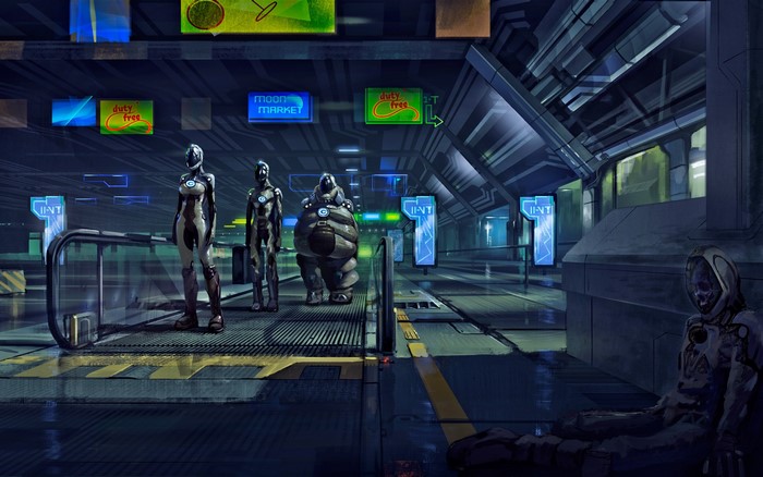 Sci-fi characters in a futuristic market