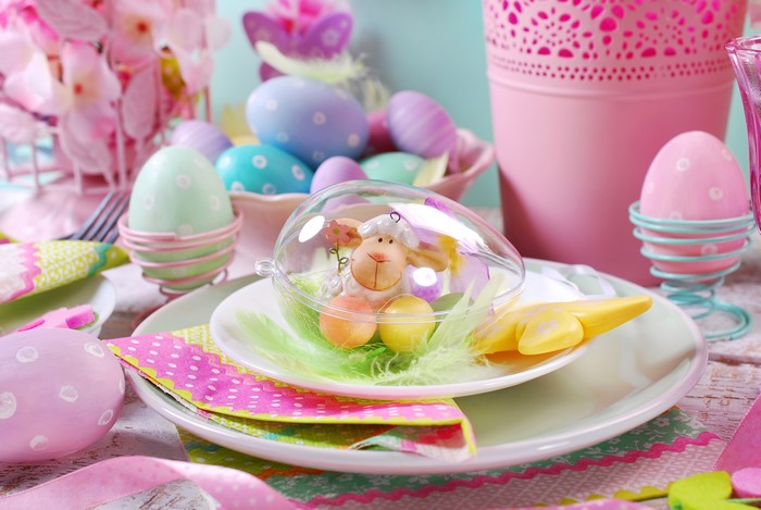 Easter Table Setting with Eggs and Decorations
