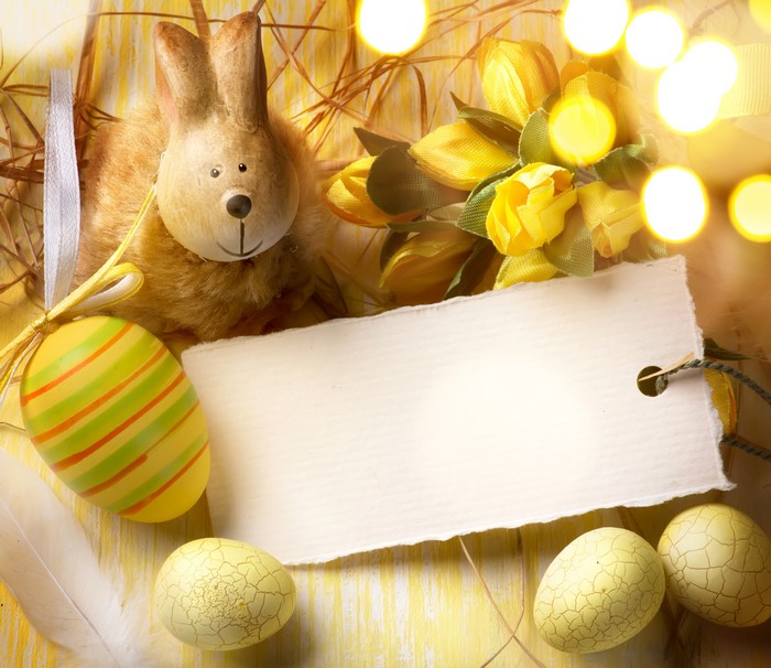 Easter Bunny, Eggs, Tulips, and Greeting Card Template