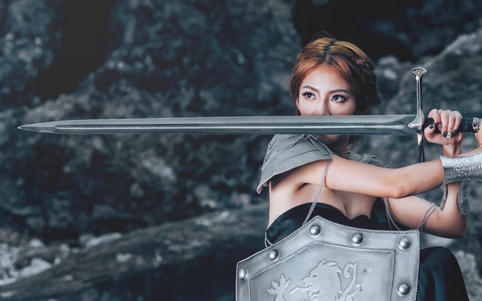 Asian warrior woman with sword and shield