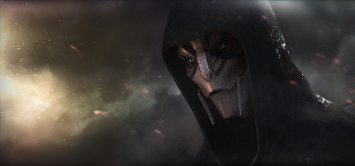 Turian from Mass Effect wearing a hood
