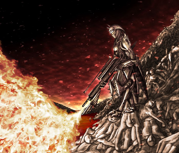 Warrior with rifle amidst fire and bodies