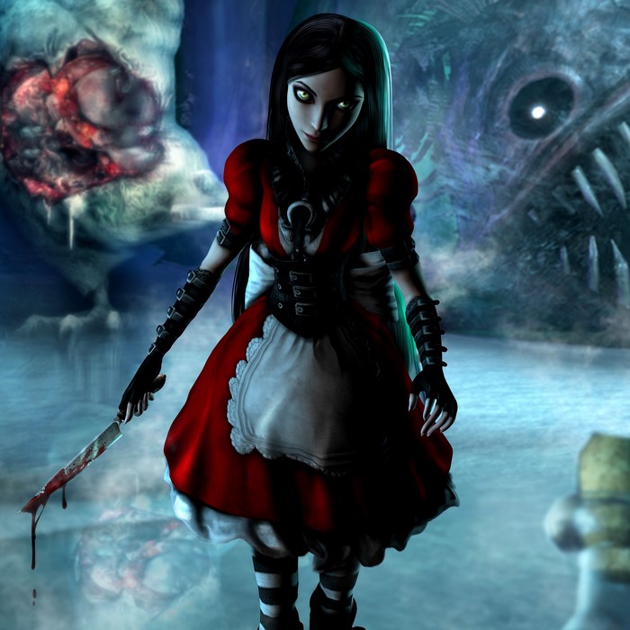 Alice from Madness Returns holding a bloody knife