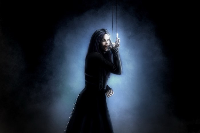 Vampire woman with fangs and dark clothing