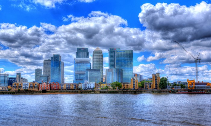 Canary Wharf skyline with River Thames, London