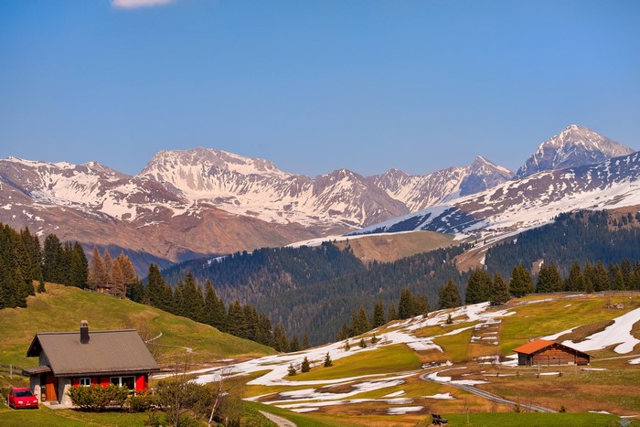 Jakobshorn Davos, Switzerland, Mountains and Houses