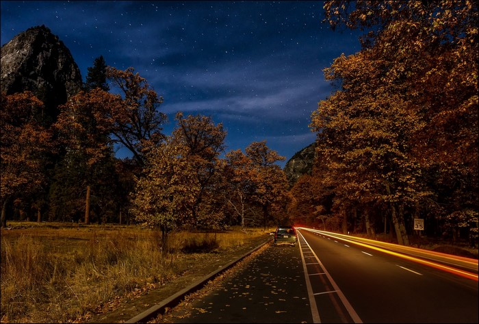 Road at night with light trails and autumn trees