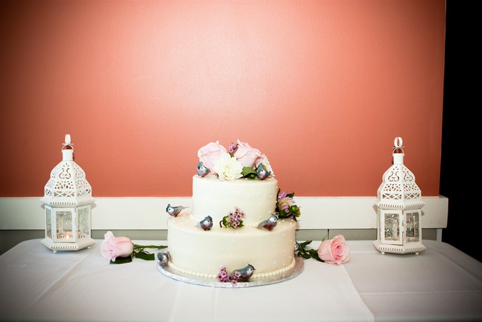 Two-tier white cake with flowers and birds