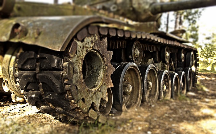 Closeup of a rusty tank track