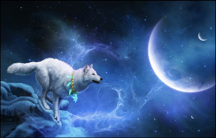 White wolf on icy planet with nebula and moons