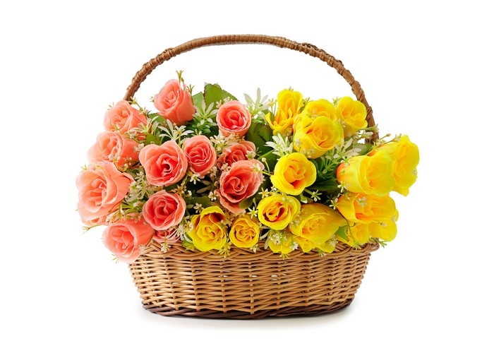 Basket of Pink and Yellow Roses