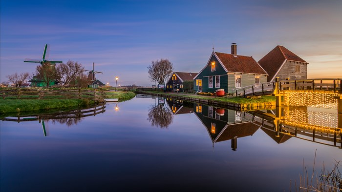 Zaanse Schans Netherlands Houses and Windmills at Dusk