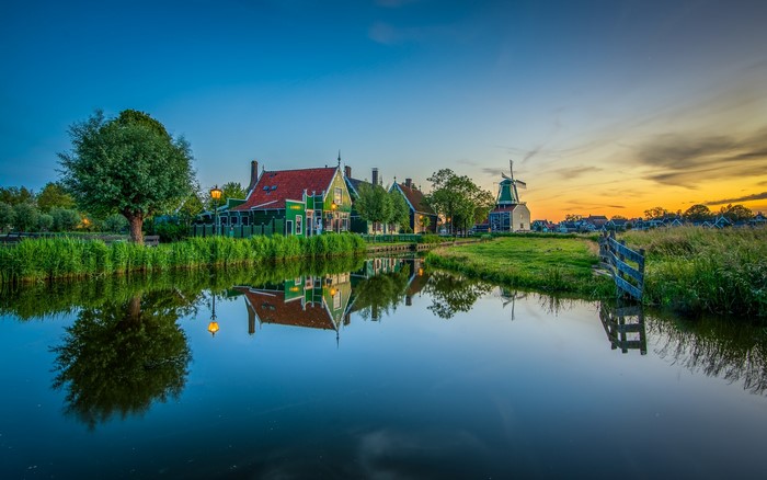 Zaanse Schans, Netherlands Houses and Windmill at Dusk