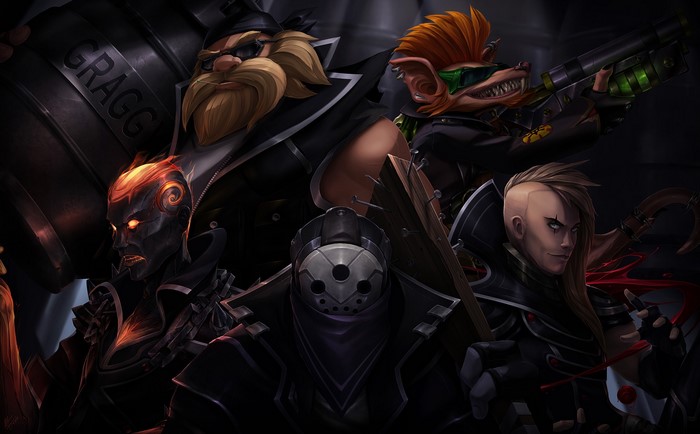 League of Legends characters Jax, Brand, Vladimir, Gragas, Twitch