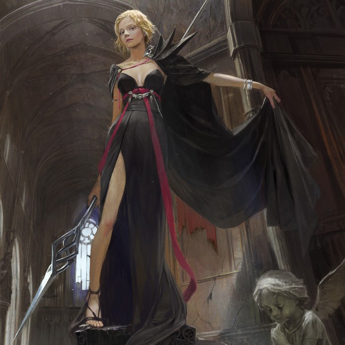 Woman in black dress holding a spear