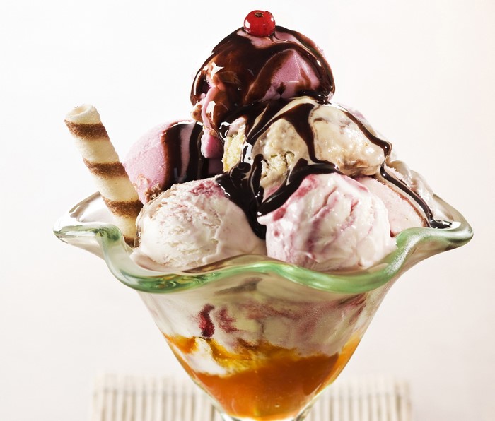 Ice cream sundae with chocolate sauce and cherry