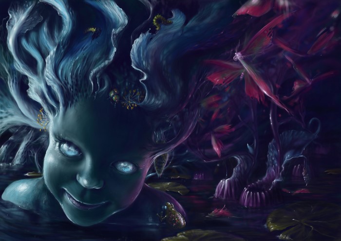 4K 5K Supernatural being with blue hair and glowing eyes