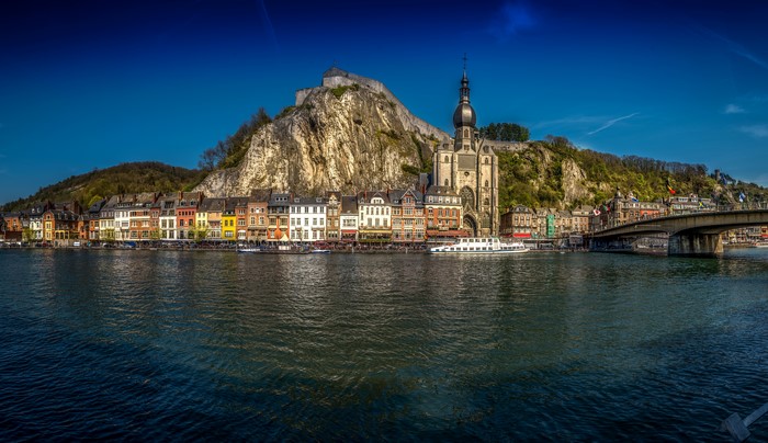Dinant, Belgium: Riverfront with Citadel and Church