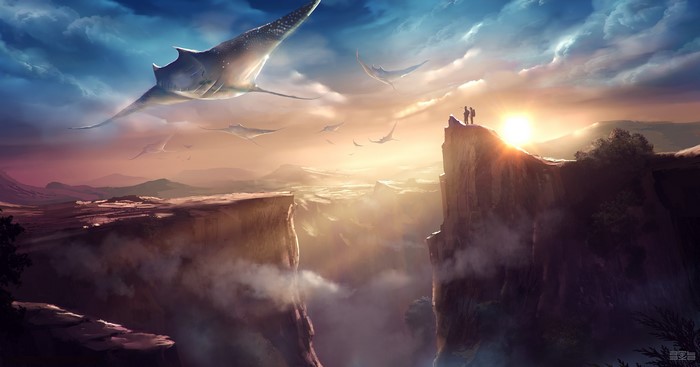 Alien landscape with flying creatures and two people on a cliff