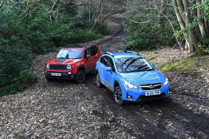 Red Jeep Renegade and Blue Subaru Crosstrek on Forest Path