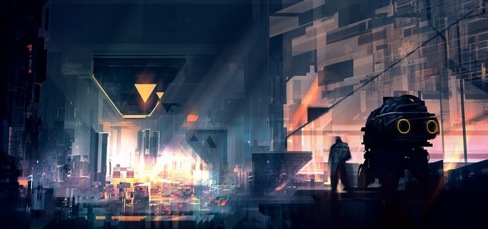 Futuristic city with a robot and a person