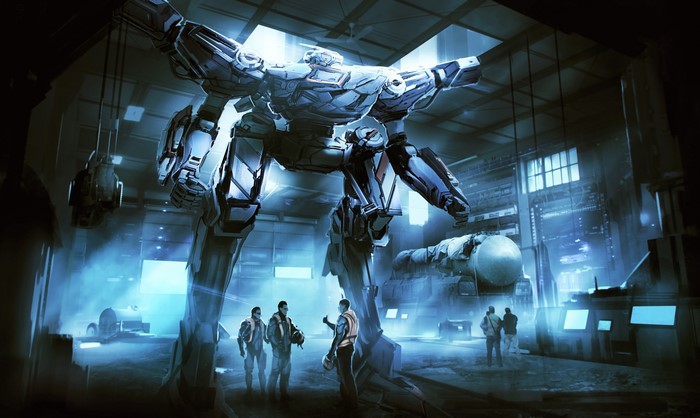 Giant robot in a hangar with technicians