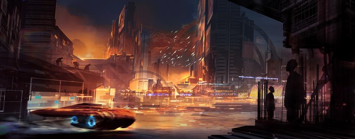4K Fantastic World Cityscape with Flying Vehicles