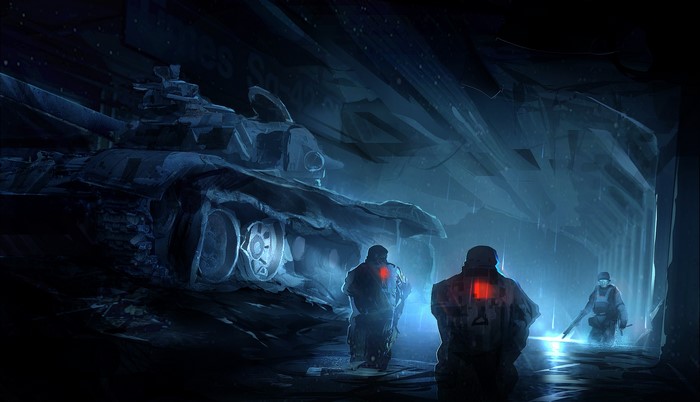 Soldiers near a damaged tank in a dark, wet environment