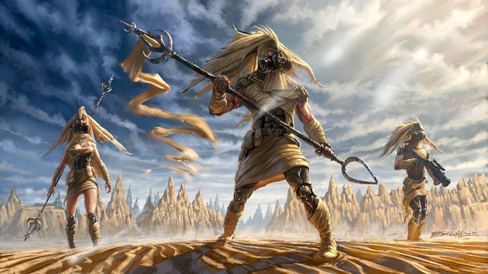 Desert warriors with spears and rifle