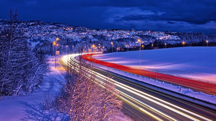 Night road in Trondheim, Norway during winter