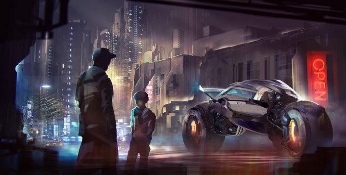Futuristic city street with a man, child, and vehicle