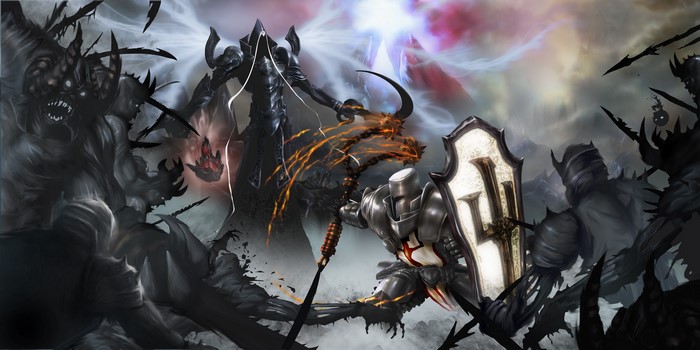 Malthael from Diablo III fighting warriors with a shield