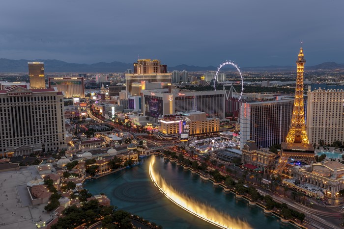 Las Vegas Strip with Eiffel Tower and High Roller at Dusk