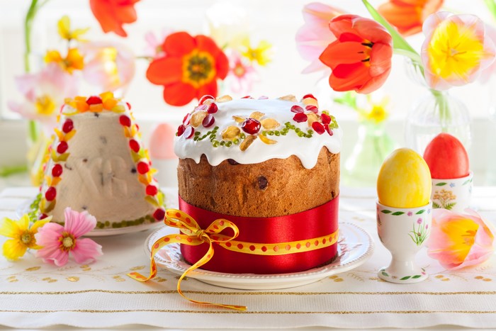 Easter Kulich and Eggs with Tulips