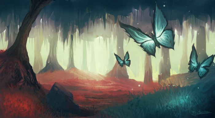 Butterflies in a surreal forest painting