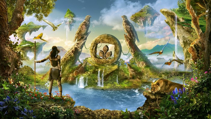 Warrior woman with spear in a fantasy world