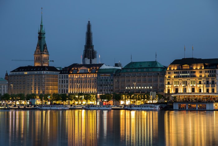 Hamburg Germany Skyline at Night with River