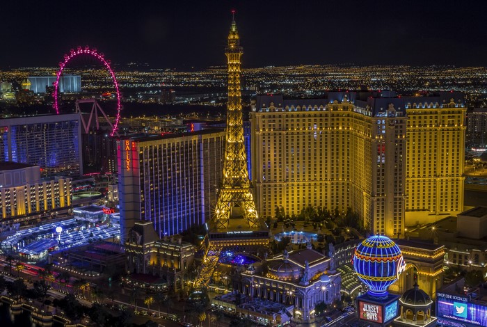 Las Vegas Strip at Night with Eiffel Tower and High Roller