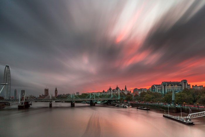 London cityscape with River Thames and bridges at sunset