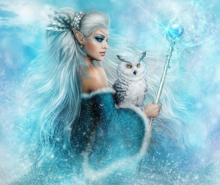 Blonde girl with owl and mage staff
