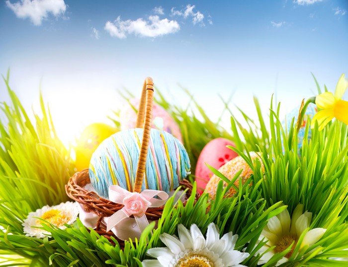 Easter eggs in a basket on grass